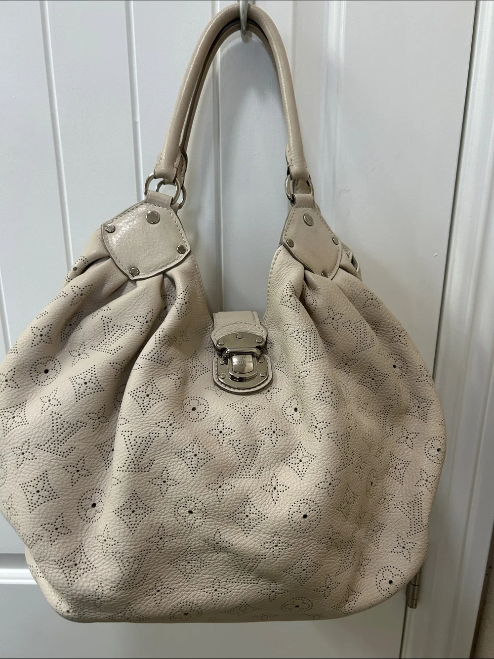 Louis Vuitton Perforated Cream Leather Shoulder Bag with Silver Hardware